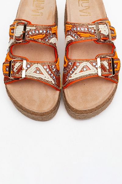 LuviShoes Bobby Orange Stone Ethnic Patterned Straw Thick Cork Soled Women's Slippers