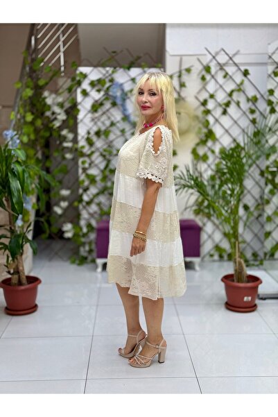 Punta Otantik NC10453 Ιταλικό φόρεμα με μισό μανίκι με δαντέλα από βαμβάκι σε μπεζ χρώμα