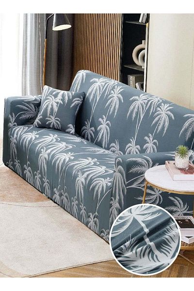 trendyhome Husă elastică pentru cotiera canapea cu 2 locuri, palmieri, bleumarin/alb, J11208