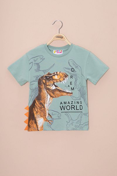 Cansın Mini Tricou pentru băieți cu decolteu rotund cu imprimeu dinozaur verde 20949