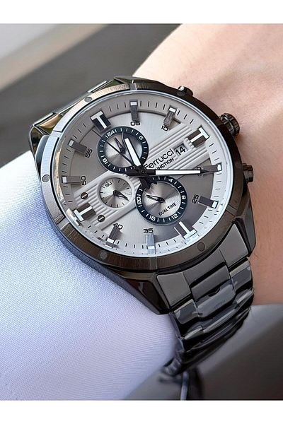 Ferrucci Men's Wristwatch |   Dual Time & 24 Hour Sub Dial |   Gray Dial with Calendar |   Metal Cord