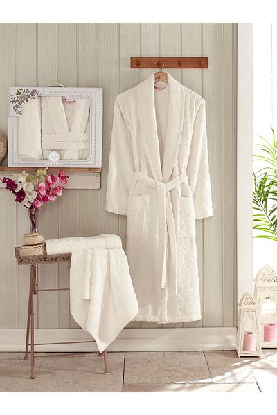 PHILIPPUS Asiya Bukle Şalyaka Towel Bathrobe Set Boxed Cream
