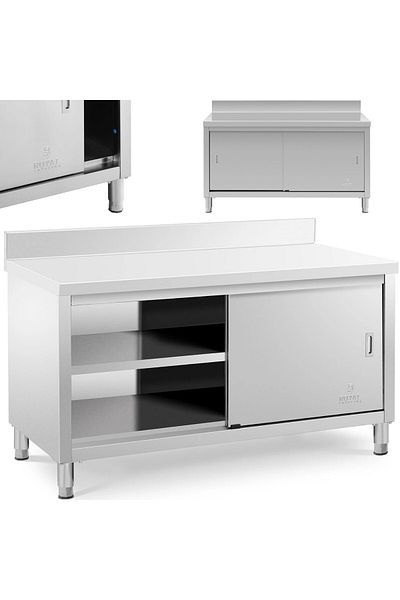 Royal Catering Stół blat roboczy przyścienny z szafką i rantem drzwi suwane 150 x 70 cm