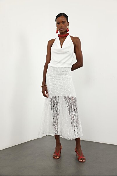 5in1Canpolat Fusta albă din dantelă evazată 251347