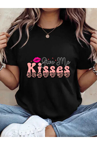 Sarah's Boutique Tricou de damă – 100% bumbac – citat vibrant „DĂ-MI SĂRUTĂRI”