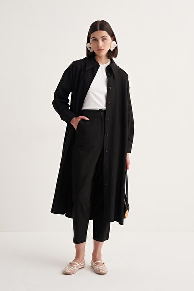 EBU Prive Women's Cupra Draped Cotton Oversize Long Shirt Dress Black