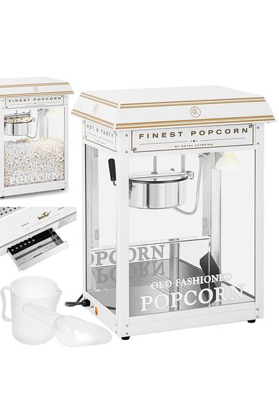 Royal Catering Maszyna automat urządzenie do prażenia popcornu retro TEFLON 1600 W 5-6 kg/h - biało-złota