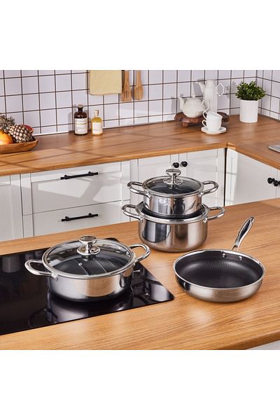 Karaca 3Ply, Edelstahl Guardian 7-teiliges Kochgeschirr-Set, Induktion, Silber