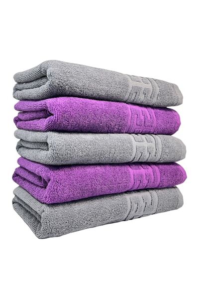 Plush Set 5 Towels, Grey, Purple 100% Cotton 550gsm, 70x140cm