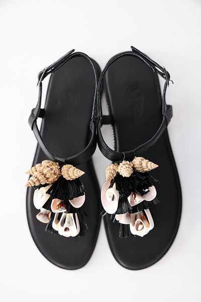5in1Canpolat Black Seashell Leather Sandals 244