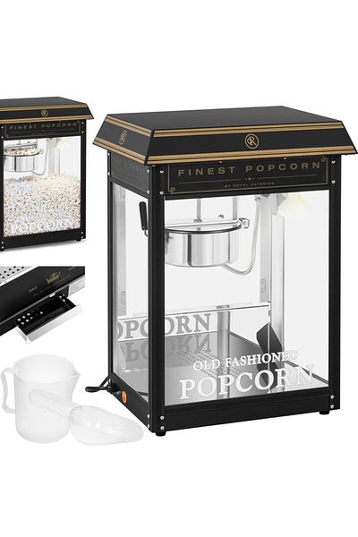 Royal Catering Maszyna automat urządzenie do prażenia popcornu retro TEFLON 1600 W 5-6 kg/h - czarno-złota