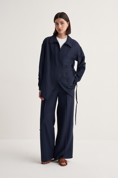 EBU Prive Women's Cupra Draped Cotton Collar Kimono Navy Blue