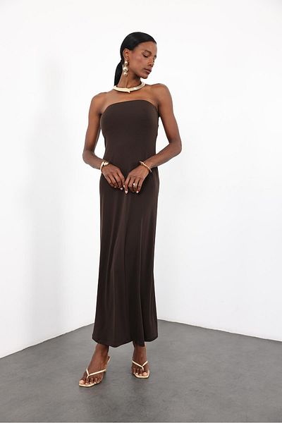 5in1Canpolat Πικρό καφέ στράπλες φόρεμα Bodycon