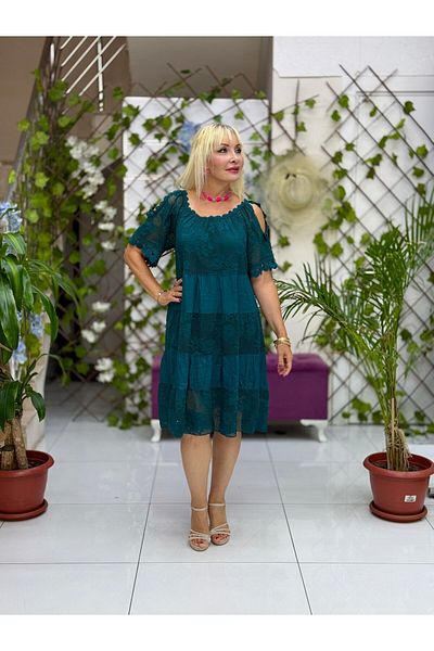 Punta Otantik Nc10453 Italian Half Sleeve Shoulder Window Lace Coton Dress Bittergreen