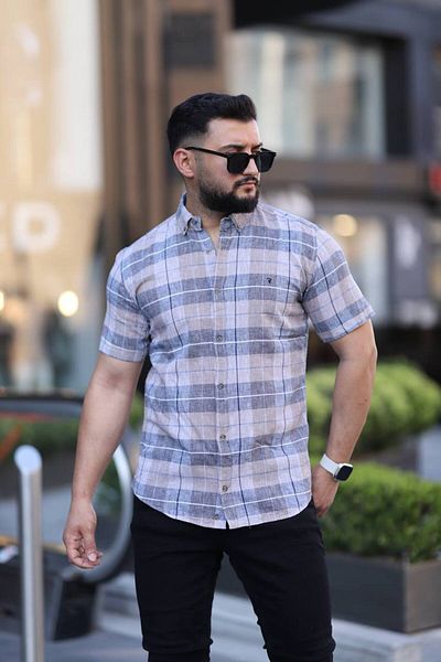 Klothy Men's Short Sleeve Slim Fit Checked Linen Shirt 2476