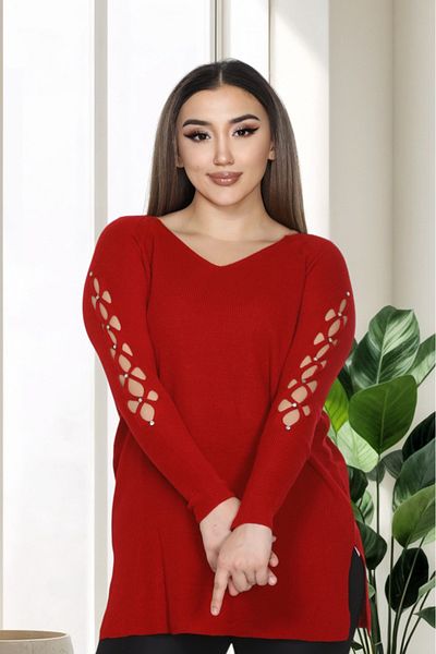 LocaMz Blue V-Neck Sleeve Detailed Knitted Sweater with Stones
