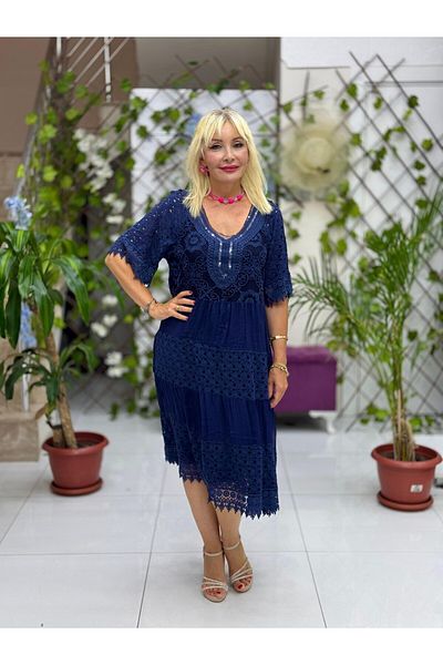 Punta Otantik Nc10938 Italian Sequin Half Sleeve Midi Silk Dress Navy Blue