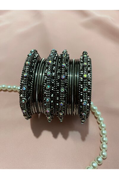 Home Parlak Taşlı El İşçiliği Siyah Oksitli Hint Bilezik Seti – 18 Parça