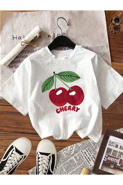aynewmoda Cherry Printed Short Sleeve Round Neck T-Shirt