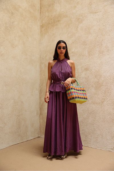 Özge Özgenç Pleated Halter Neck Blouse Skirt Set