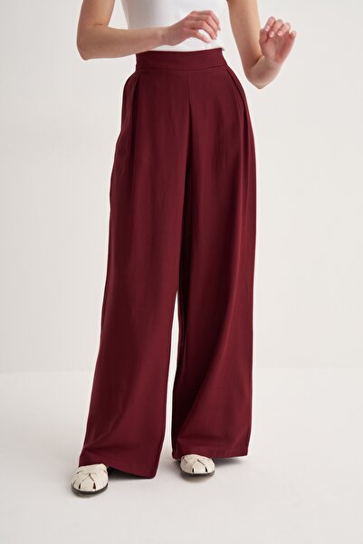 EBU Prive Women's Cupra Draped Cotton Pleated Skirt Trousers Burgundy
