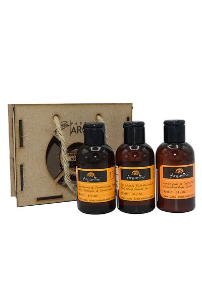 AZBANE -CASABLANCA - MAROC Set cadou rustic Sampon&Balsam Arganine, 90 ml, Gel de dus Arganine 90 ml, Lotiune Arganine 90 ml