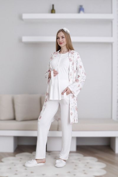 Lohussa Women's Ecru Special Design Patterned Buttoned Lace Maternity Maternity Dressing Gown Pajama Set Set of 3