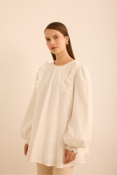 Aker Fırfır ve Volan Detaylı Cotton Brode Tunik
