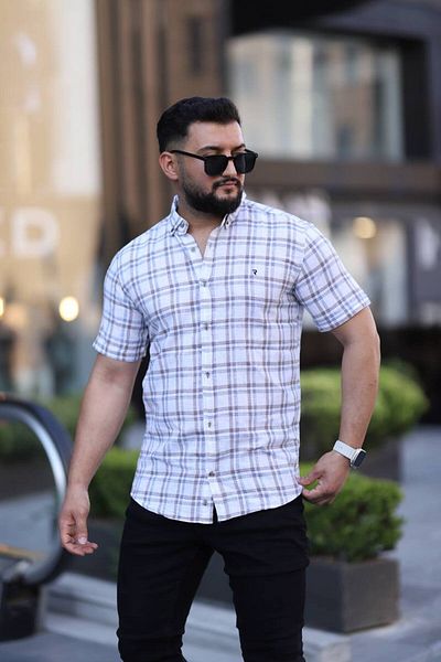 Klothy Cămașă de in pentru bărbați, cu mânecă scurtă, slim fit, în carouri 2476