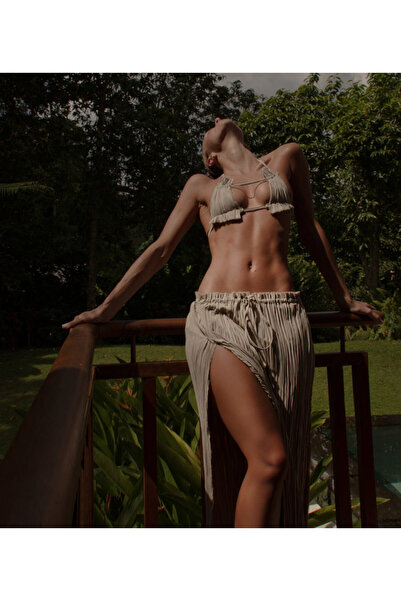 Enie Women's Beige Color Slit Pleated Fabric Bottom Top Set