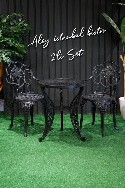 Alezy Isparta Bistro Ferforje Görünümlü Plastik Masa Takımı 2 Koltuk + 60 cm Masa