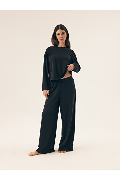 ESOTIQ Pantaloni de damă cu croi larg, 100% bumbac, talie largă, cu logo, Hom...