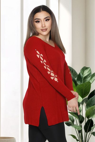 LocaMz Blue V-Neck Sleeve Detailed Knitted Sweater with Stones