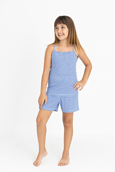 GRI MOR TEKSTIL KIZ ÇOCUK PAMUKLU İP ASKILI ŞORTLU PİJAMA TAKIMI