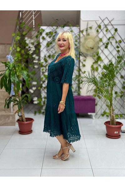 Punta Otantik Nc10938 Italian Sequin Half Sleeve Midi Silk Dress Bittergreen