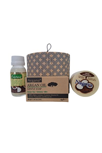 AZBANE -CASABLANCA - MAROC Set cutie crema cu ulei de nuca de cocos 100 ml, ulei de nuca de cocos 60 ml, sapun Arganine 40 gr