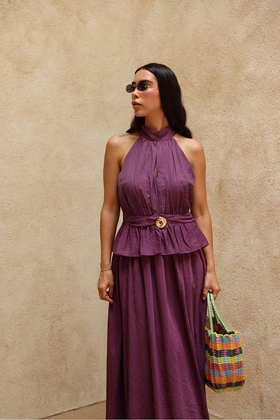 Özge Özgenç Pleated Halter Neck Blouse Skirt Set