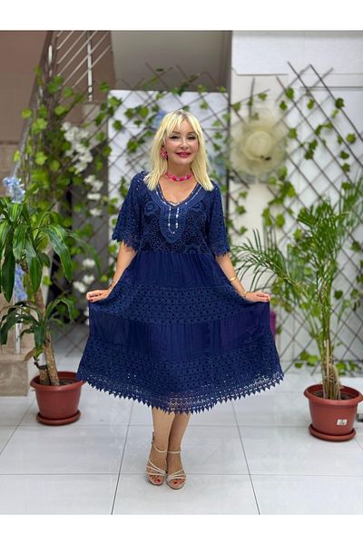Punta Otantik Nc10938 Italian Sequin Half Sleeve Midi Silk Dress Navy Blue