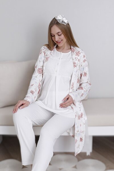 Lohussa Kadın Ekru Özel Tasarım Desenli Düğmeli Dantelli Lohusa Hamile Sabahlık Pijama Takımı 3'lü Set