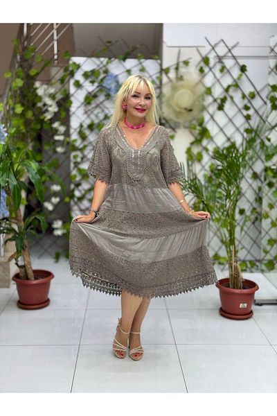 Punta Otantik Nc10938 Italian Sequin Half Sleeve Midi Silk Dress Mink