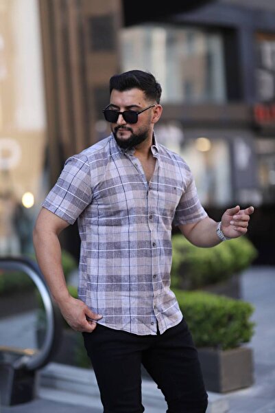 Klothy Ανδρικό κοντομάνικο λινό πουκάμισο με καρό 2476