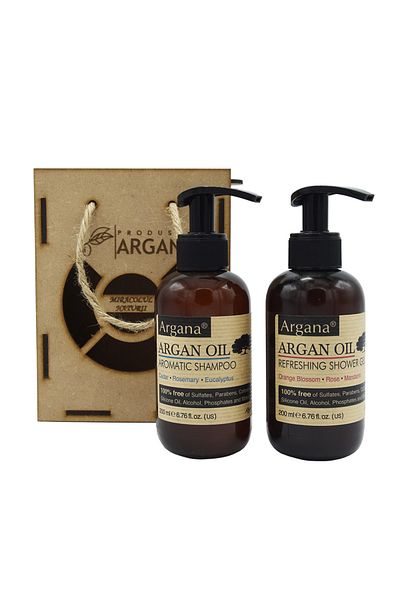 AZBANE -CASABLANCA - MAROC Set cadou rustic, argan, cutie lemn, sampon Argana 200 ml+ gel de dus Argana 200 ml