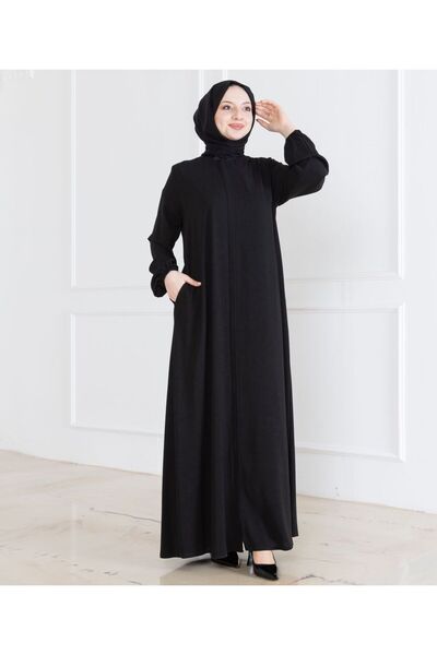 TESETTÜR FERACE GİYİM Siyah Klasik Keten Lastik Kol Ferace