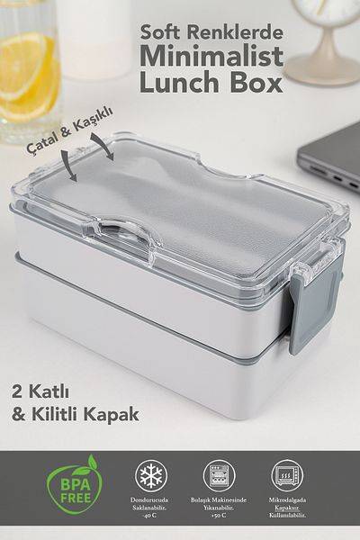 Meleni Home 2 Layer Ziplock Lunch Box - Lunch Box with Self Fork Spoon Lunch Box Storage Container Gray