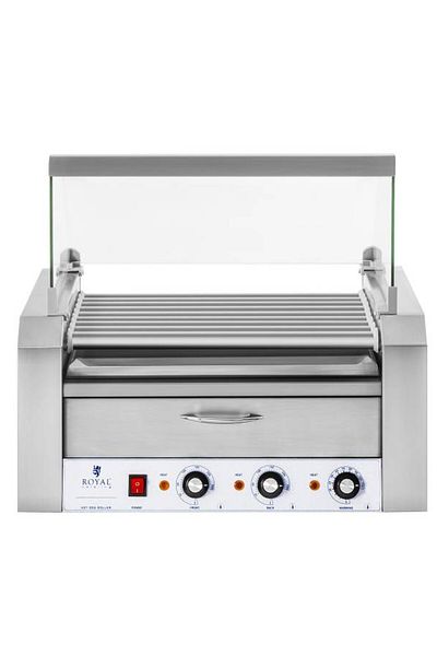 Royal Catering Grătar cu rolă cu capac și sertar de încălzire pentru chifle 16 cârnați HotDog 2200W 230V