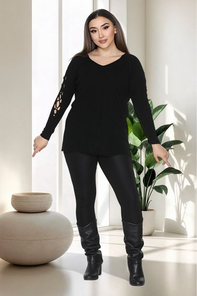 LocaMz Blue V-Neck Sleeve Detailed Knitted Sweater with Stones