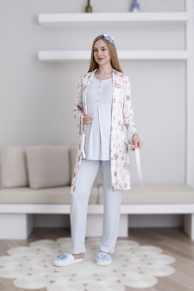 Lohussa Set de pijamale pentru femei, albastru, cu model special, cu nasturi, cu volan, pentru maternitate, pentru maternitate, set de 3 piese
