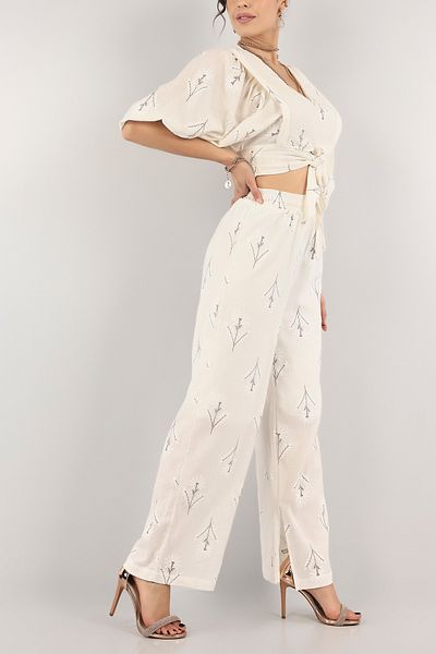 My Blog Ecru - Brown Embroidery Print Detailed Linen Suit - 8013