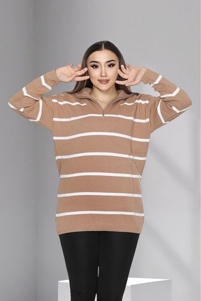LocaMz Biscuit Collar Zippered Striped Knitwear Tunic