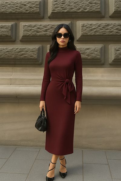 Machetta Women's Long Sleeve Side Tie Detail Turtleneck Slit Dress